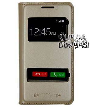 Samsung Galaxy Ace 4 Kılıf Pencereli Flip Cover Altın