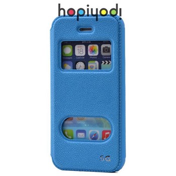 iPhone 5S Kılıf Ekol Gizli Mıknatıslı Çift Pencereli Standlı Mavi