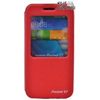 Huawei Ascend G7 Kılıf Kapaklı Vantuzlu Pencereli Standlı Kırmızı