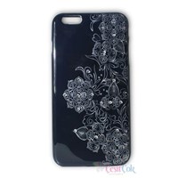 iPhone 6 Plus Beyaz Çiçek Desenli Taşlı Siyah Arka Kapak