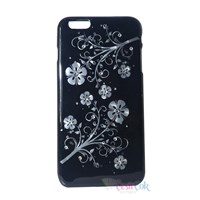 iPhone 6 Plus Taşlı Byeaz Çiçek Desenli Siyah Kapak