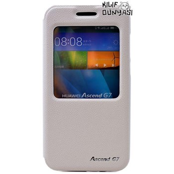 Huawei Ascend G7 Kılıf Kapaklı Vantuzlu Pencereli Standlı Beyaz