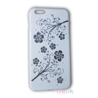 iPhone 6 Plus Taşlı Gri Çiçek Desenli Beyaz Kapak