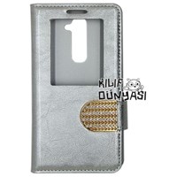 LG G2 Kılıf Rugan Taşlı Kopçalı Derili Pencereli Gümüş