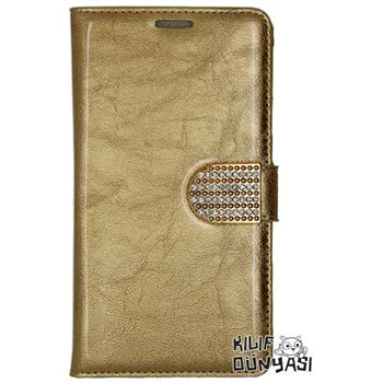 Samsung Galaxy Note 4 Kılıf Rugan Taşlı Kopçalı Cüzdan Altın
