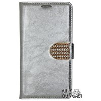 Samsung Galaxy Note 2 Kılıf Rugan Taşlı Cüzdan Gümüş