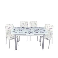 Mavi Mobilya Mutfak Cam Masa Takımı Otomatik Açılır Beyaz Paris Desen (6 Suni Deri Sandalyeli)