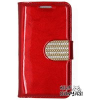 Samsung Galaxy Ace 4 Kılıf Rugan Taşlı Kopçalı Cüzdan Kırmızı