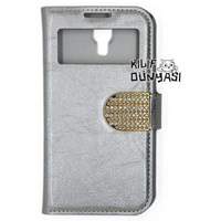 Samsung Galaxy S4 Mini Kılıf Rugan Taşlı Pencereli Gümüş
