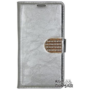 Samsung Galaxy Note 3 Neo Kılıf Rugan Deri Cüzdan Gümüş