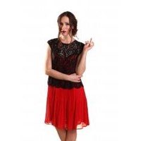 Marina Kaneva London Üstü Siyah Dantelli Kırmızı Elbise 24192333
