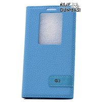 LG G2 Kılıf Safir Deri Gizli Mıknatıslı Pencereli Mavi