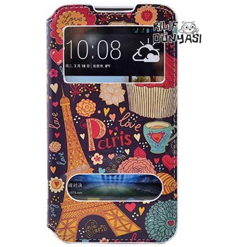 HTC Desire 516 Kılıf Çift Pencereli Sweet Paris Desenli