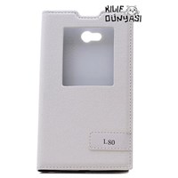 LG L80 Kılıf Safir Deri Gizli Mıknatıslı Pencereli Beyaz