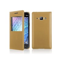 Microsonic View Slim kapaklı Deri Samsung Galaxy J1 kılıf Gold