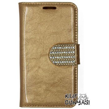 Samsung Galaxy Ace 4 Kılıf Rugan Taşlı Kopçalı Cüzdan Altın
