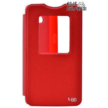LG L80 Kılıf Kapaklı Vantuzlu Pencereli Standlı Kırmızı