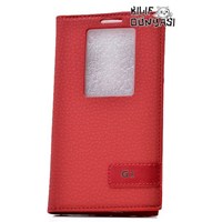 LG G2 Kılıf Safir Deri Gizli Mıknatıslı Pencereli Kırmızı