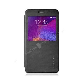 Ferrise Galaxy Note 4 Pencereli Siyah Deri Kılıf