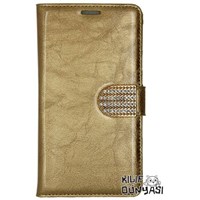 Samsung Galaxy Note 2 Kılıf Rugan Taşlı Cüzdan Altın
